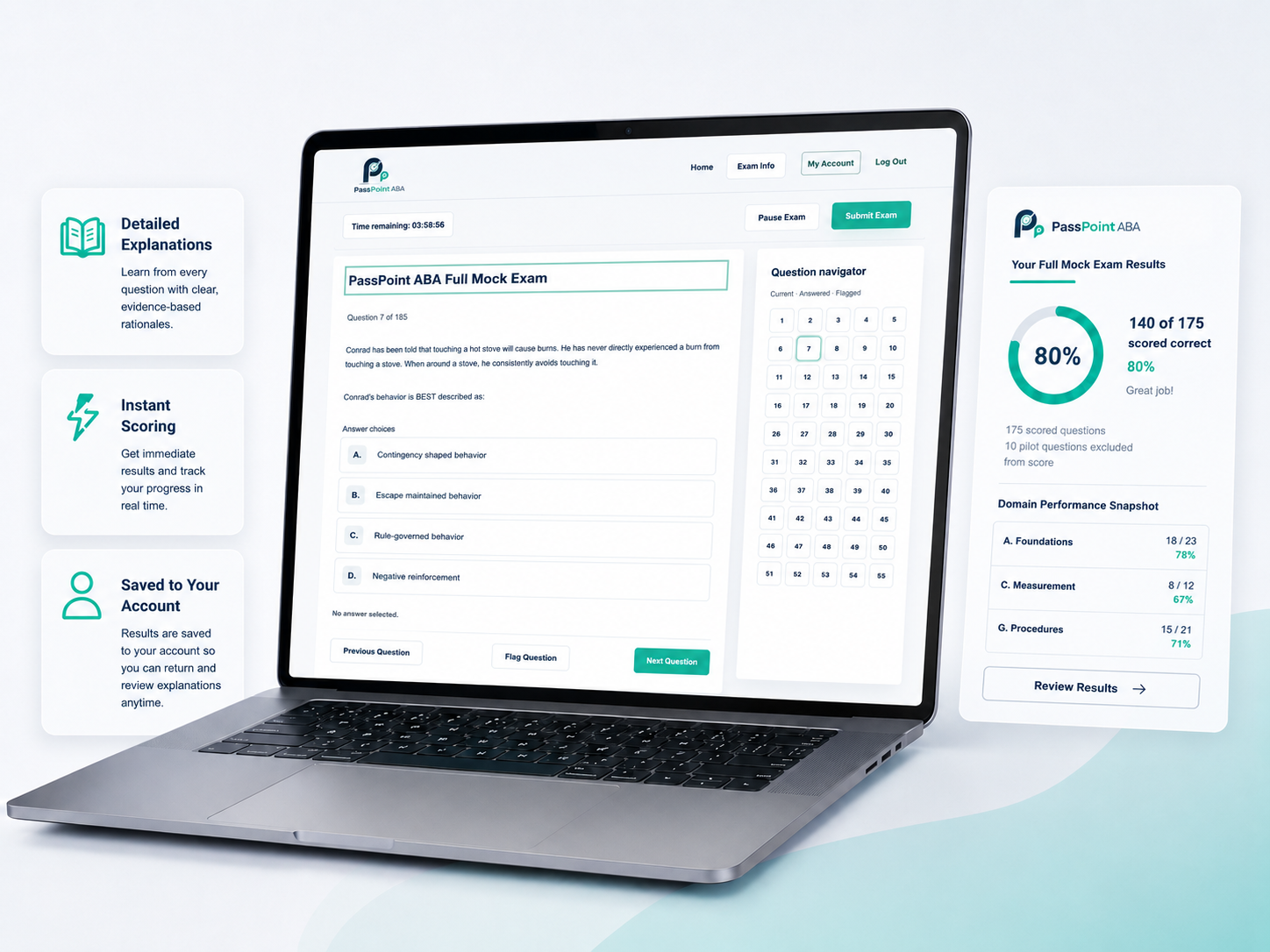 PassPoint ABA practice interface showing questions, scoring, detailed explanations, and account-saved results