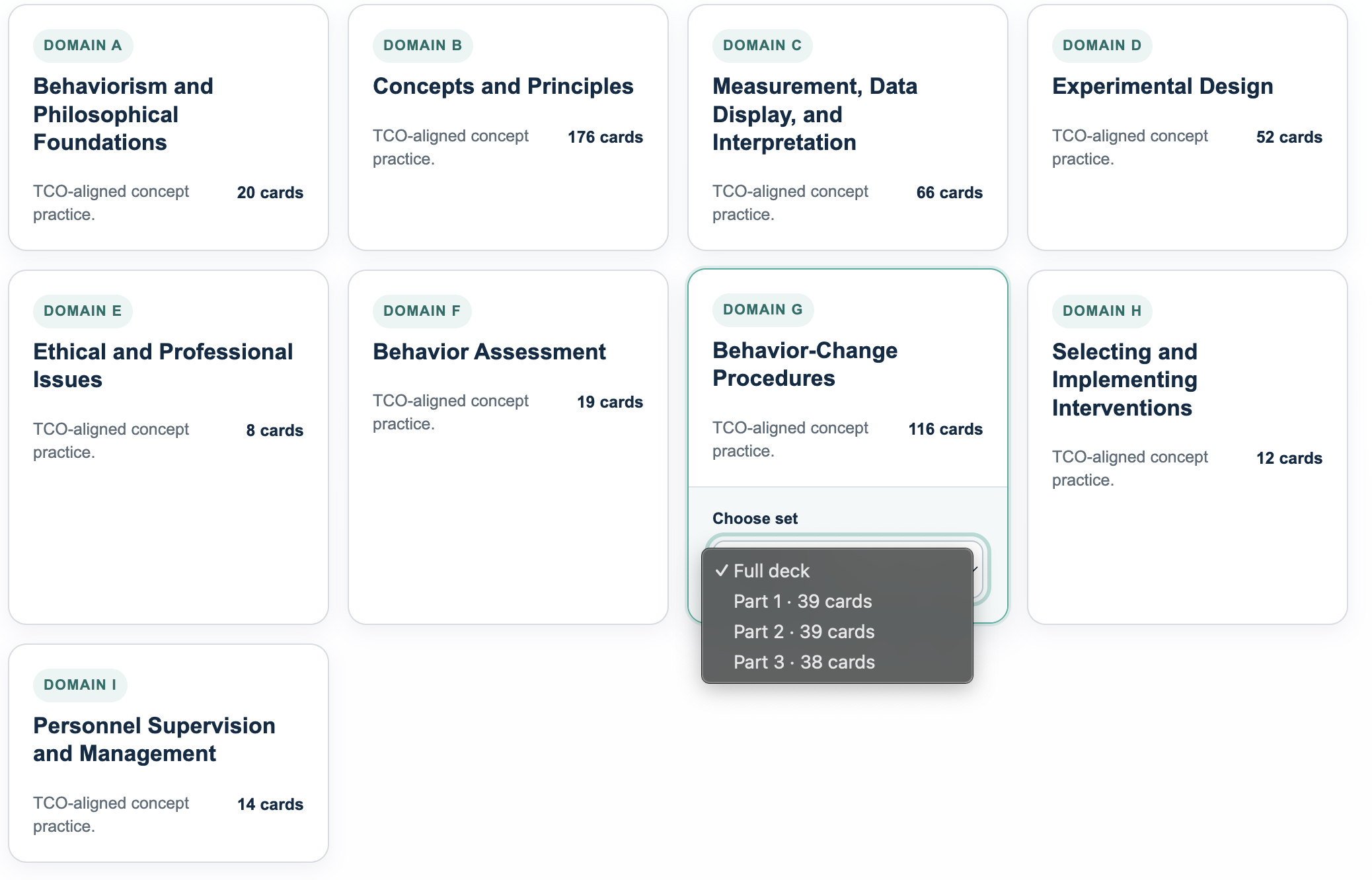 Domain deck library with Domain G selected and the Full deck plus three smaller Parts visible.