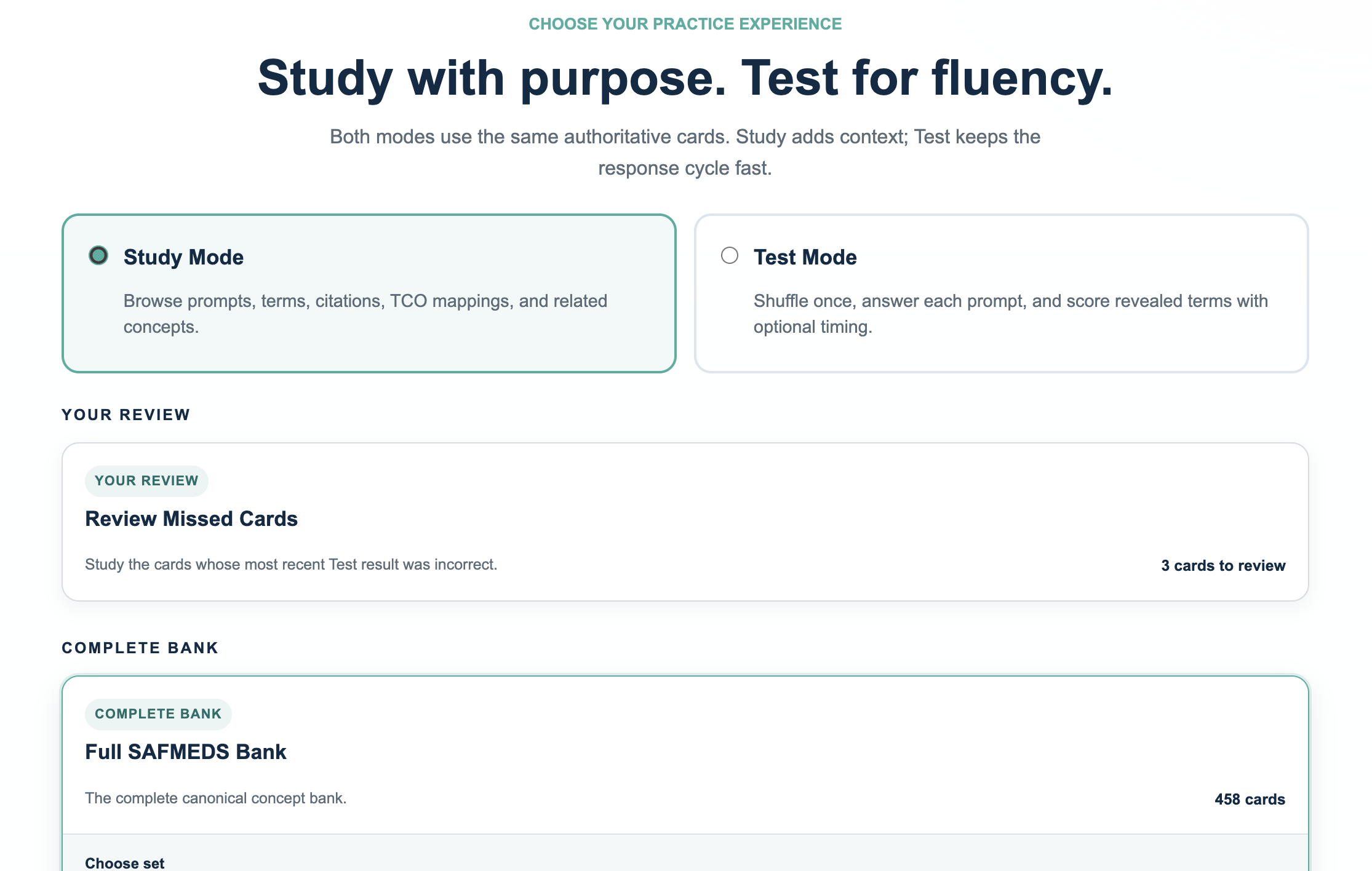 SAFMEDS setup showing Study and Test modes, Your Review, and deck selection.