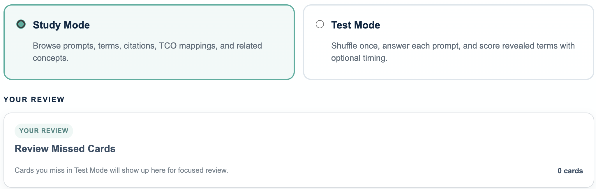 Empty Your Review tile showing zero cards.