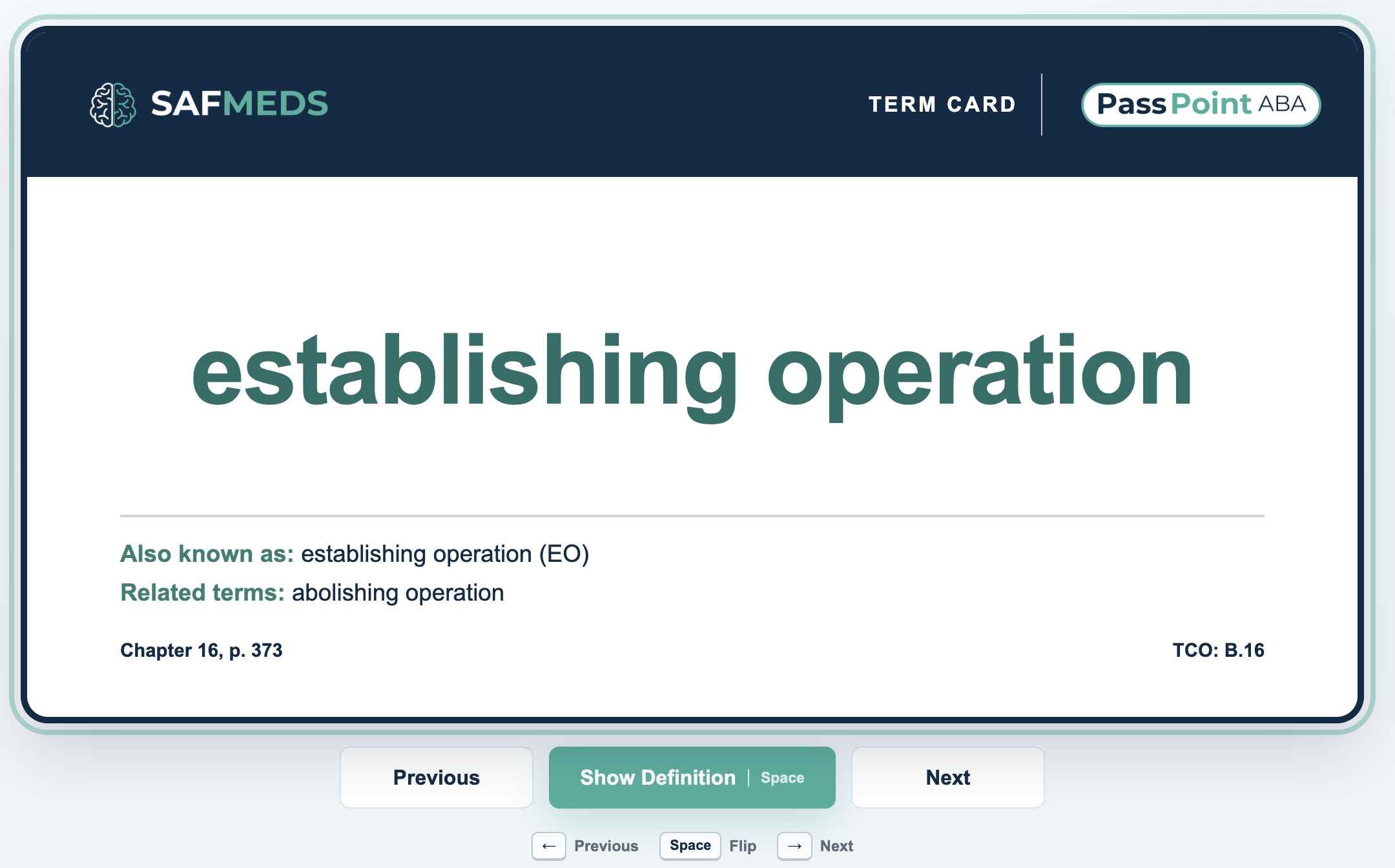 Study Mode answer card showing establishing operation with an alternate label, related concept, Cooper citation, and TCO mapping.