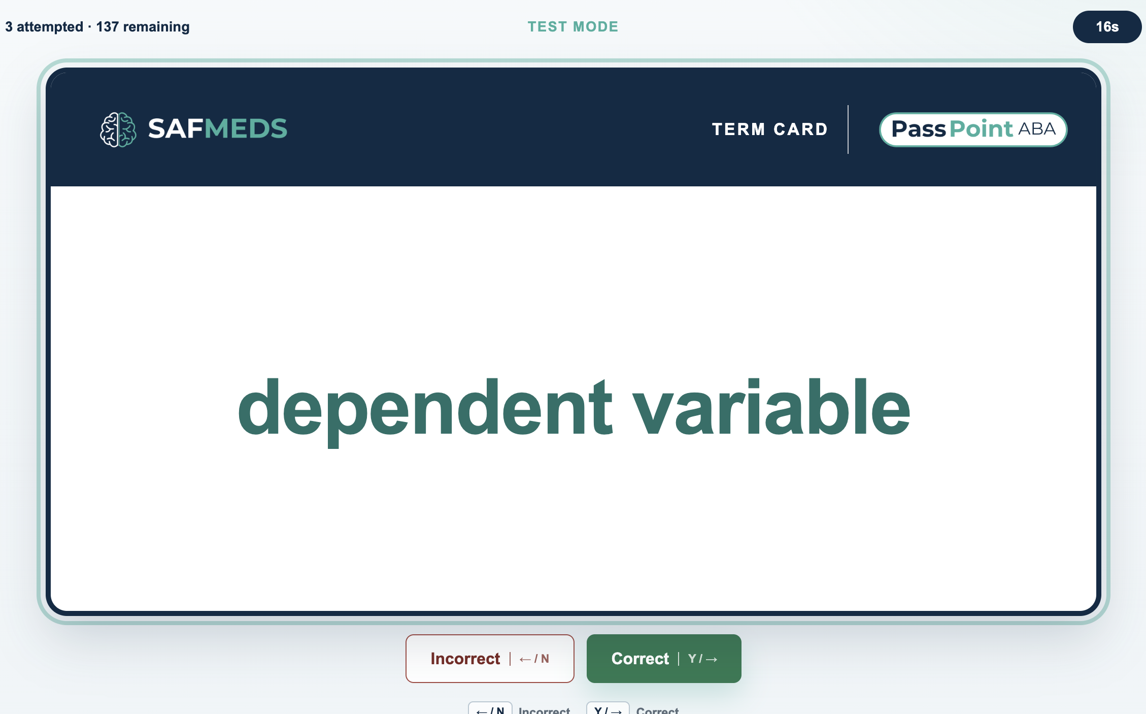 Revealed Test Mode term card with countdown and Correct and Incorrect scoring controls.